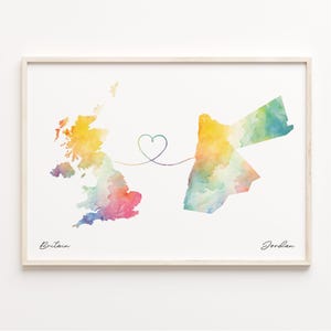 UK to Jordan Print, Watercolor Map Poster, Jordanian Gift, United Kingdom Wall Art, Moving Abroad, C23-292