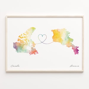 Impresión de Canadá a Armenia, póster de mapa en acuarela, regalo armenio, arte mural de viaje, hogar en el extranjero, C23-604