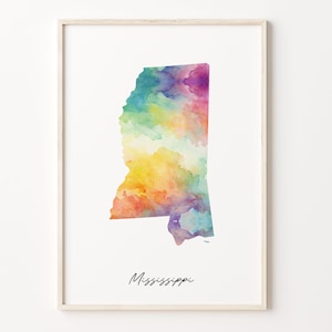 Mississippi Watercolor Map Print, Vibrant Mississippian Art Poster, MS Colorful Country Wall Art, Teacher Gift, C26-225