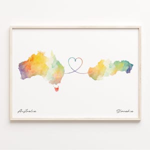 Australia to Slovakia Print, Watercolor Map Poster, Singaporean Gift, Travel Wall Art, Live Abroad Gift, C23-959