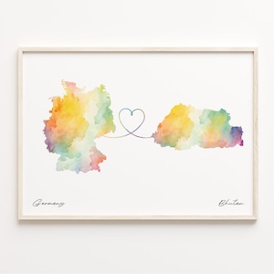 Deutschland Bhutan Druck, Aquarell Karte Poster, Bhutan Geschenk, Reisewandkunst, Länder Herz Geschenk, C23-419