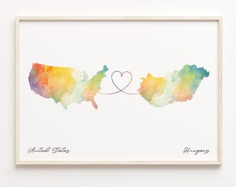 Impression des États-Unis vers la Hongrie, affiche de carte aquarelle, cadeau hongrois, art mural des États-Unis, cadeau racines culturelles, C23-80