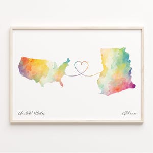 US to Ghana Print, Aquarell Karte Poster, Geschenk für Ghanaer, US Wandkunst, Im Ausland leben Geschenk, C 23-68