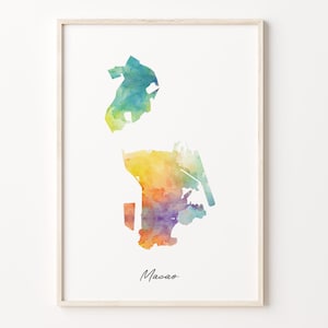 Macao Watercolor Map Print, Vibrant Macanese Art Poster, MO Colorful Country Wall Art, Vibrant art, C26-108