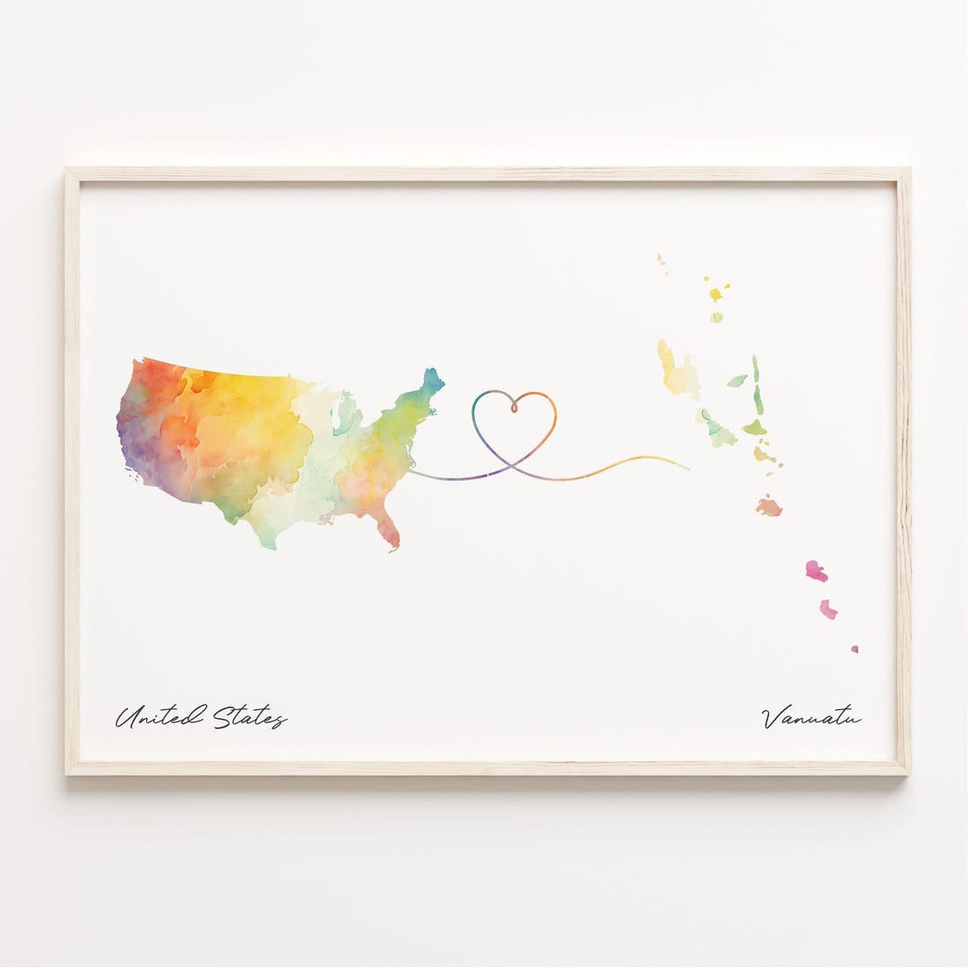 US to Vanuatu Print, Watercolor Map Poster, Ni-vanuatu Gift, US Wall ...