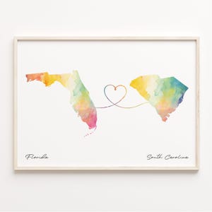 Print Florida naar South Carolina, aquarel kaart poster, South Carolina gift, reizen muurkunst, relatiegeschenk, C23-1340
