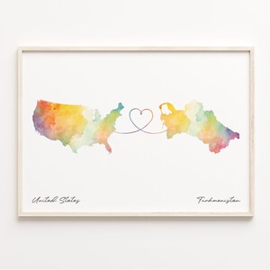 US to Turkmenistan Print, Watercolor Map Poster, Turkmen Gift, US Wall Art, Continental Love Map, C23-186