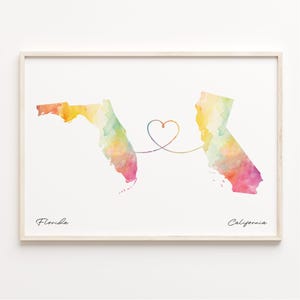 Print Florida naar Californië, aquarel kaart poster, Californisch cadeau, reizen muurkunst, wereldwijde liefde, C23-1303