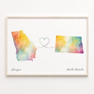 Georgia to North Dakota Print, Watercolor Map Poster, North Dakotan Gift, Travel Wall Art, Travel Abroad Map, C23-1587