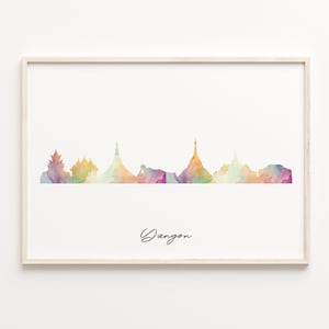 Yangon Skyline Print, Aquarell Stadtbild, Myanmar, Wand Kunst Poster, Aquarell Karte, Innendeko, C29-345