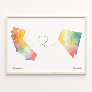 Impression de la Californie au Nevada, affiche de carte aquarelle, cadeau du Nevada, art mural voyage, nouveau pays, C23-1228