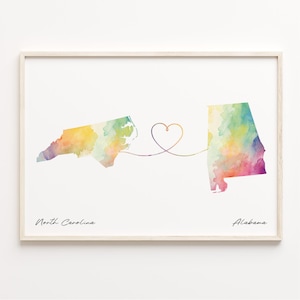 North Carolina to Alabama Print, Watercolor Map Poster, Alabamian Gift, Travel Wall Art, Overseas Love, C23-1612