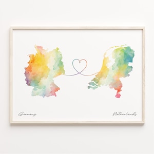 Deutschland Niederlande Print, Aquarell Karte Poster, nepalesische Geschenk, Reise Wandkunst, Far Apart Geschenk, C23-527
