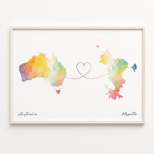 Impresión de Australia a Mayotte, póster de mapa de acuarela, regalo de Mauricio, arte de pared de viaje, regalo de corazón de países, C23-914