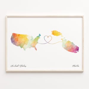 US to Malta Print, Watercolor Map Poster, Maltese Gift, US Wall Art, Global Love, C23-115