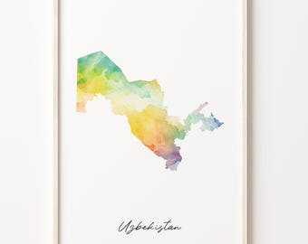 Uzbekistan Watercolor Map Art Print: Vibrant Country Wall Decor