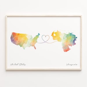 USA to Venezuela Druck, Aquarell Karte Poster, Venezolanisches Geschenk, US Wandkunst, Umzug ins Ausland Geschenk, C23-194