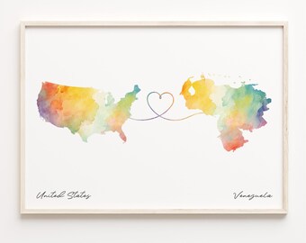 US to Venezuela Watercolor Map Print: Country Connection Gift