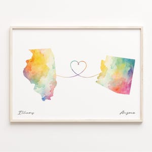 Illinois to Arizona Print, Watercolor Map Poster, Arizonan Gift, Travel Wall Art, Gap Year Map, C23-1458