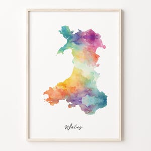 Wales aquarel kaart print, levendige Welsh kunstposter, GB kleurrijke landmuurkunst, levendige kunst, C26-252