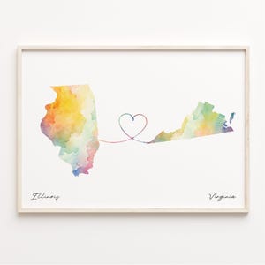 Illinois to Virginia Print, Watercolor Map Poster, Virginian Gift, Travel Wall Art, Global Love, C23-1501