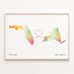 Print Florida naar New York, aquarel kaart poster, New Yorker cadeau, reizen muurkunst, emigratie, C23-1333