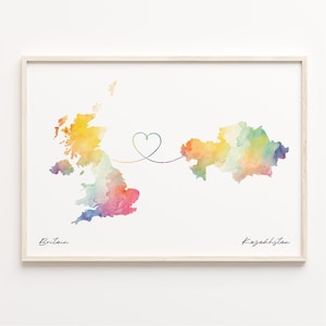 Großbritannien nach Kasachstan Druck, Aquarell Karte Poster, Kasachstan Geschenk, Großbritannien Wandkunst, Umzug ins Ausland Geschenk, C23-293