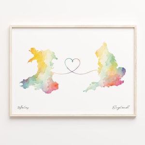 Wales England Print, Aquarell Karte Poster, Englisches Geschenk, Reise Wandkunst, Leben im Ausland Karte, C23-1718