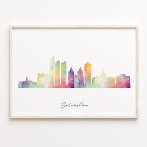 Impresión del horizonte de Salvador, paisaje urbano de acuarela, cartel de arte de la pared de Brasil, mapa de acuarela, arte de la pared del paisaje urbano, C29-314