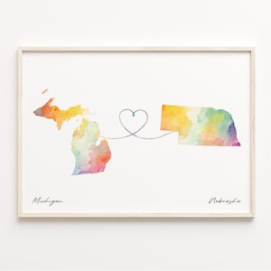 Michigan to Nebraska Print, Watercolor Map Poster, Nebraskan Gift, Travel Wall Art, Travel, C23-1692