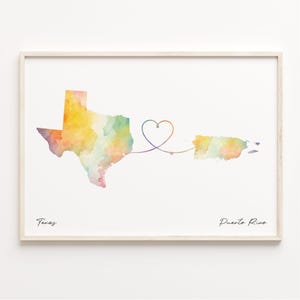 Texas to Puerto Rico Print, Watercolor Map Poster, Puerto Rican Gift, Travel Wall Art, Long Distance Gift, C23-1286