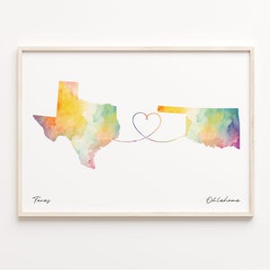 Texas to Oklahoma Druck, Aquarell Karte Poster, Oklahoma Geschenk, Reise Wandkunst, Umzug ins Ausland Geschenk, C23-1283