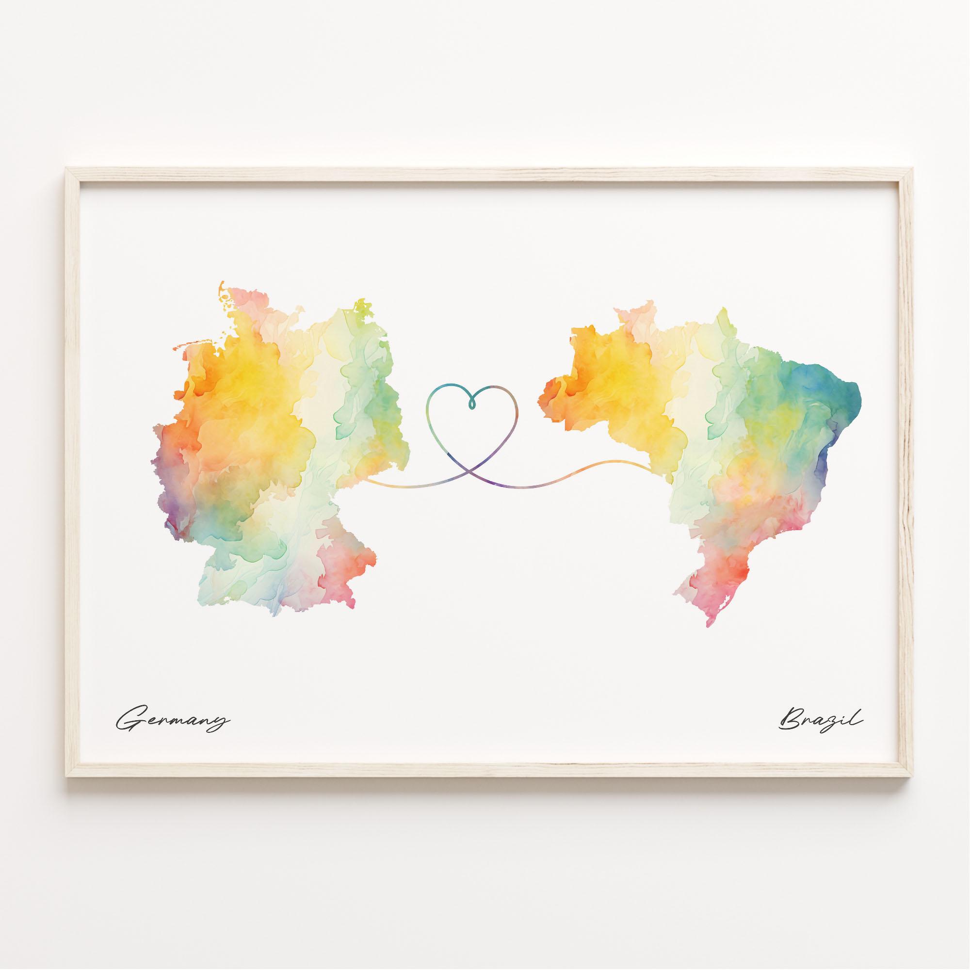 Germany to Brazil Print, Watercolor Map Poster, Brazilian Gift, Travel Wall Art, Faraway Love Map, C23-423
