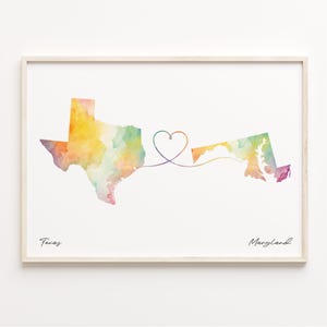 Texas to Maryland Print, Watercolor Map Poster, Marylander Gift, Travel Wall Art, Cultural Roots, C23-1267