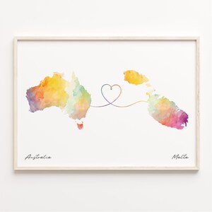 Australia to Malta Print, Watercolor Map Poster, Malian Gift, Travel Wall Art, Borderless Love, C23-910