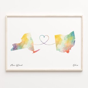 Aquarell Karte New York bis Ohio Poster, Geschenk von Ohio, Reise Wandkunst, Fern Map, C23-1386