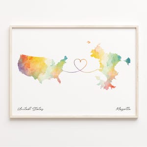 US to Mayotte Print, Watercolor Map Poster, Mahoran Gift, US Wall Art, Borderless Love Gift, C23-119