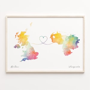 Karte von Grossbritannien nach Venezuela Druck, Aquarell Karte Poster, Venezuanisches Geschenk, Grossbritannien Wandkunst, Umzug ins Ausland Karte, C23-393