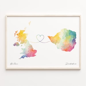 UK nach Simbabwe Druck, Aquarell Karte Poster, Simbabwe Geschenk, Vereinigtes Königreich Wandkunst, Auslandsreise Geschenk, C23-398