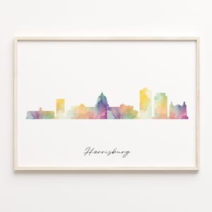 Harrisburg Skyline Print, Watercolor Cityscape, United States Wall Art Poster, Rainbow Cityscape, Cityscape Art Print, C29-267