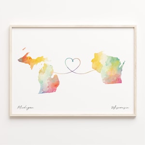 Michigan to Wisconsin Print, Watercolor Map Poster, Wisconsinite Gift, Travel Wall Art, Study Abroad Map, C23-1712
