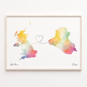 UK to Iraq Print, Watercolor Map Poster, Iraqi Gift, United Kingdom Wall Art, Continental Love, C23-284