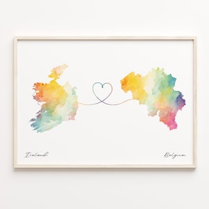 Irland - Belgien Druck, Aquarell Karte Poster, Belgien Geschenk, Reisewandkunst, Länder Herz, C23-1012