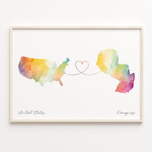 US to Paraguay Print, Watercolor Map Poster, Paraguayan Gift, US Wall Art, Travel Gift, C23-143
