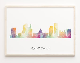 May include: A watercolour painting of the Saint Paul skyline in shades of purple, blue, green, yellow, and orange. The city's buildings are silhouetted against a white background. The text "Saint Paul" is written in black cursive below the skyline.
