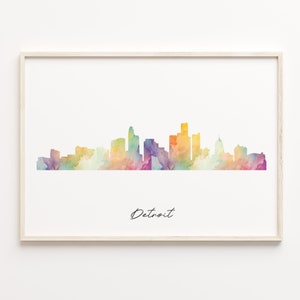 Detroit Skyline Print, Watercolor Cityscape, United States Wall Art Poster, Rainbow Skyline, City Poster, C29-116