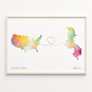 US to Malawi Druck, Aquarell Karte Poster, Malawi Geschenk, US Wandkunst, Heimat im Ausland Karte, C23-111