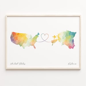 US to Estonia Print, Watercolor Map Poster, Estonian Gift, US Wall Art, Expat Map, C23-57