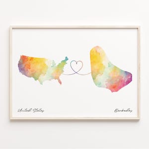US to Barbados Print, Aquarell Karte Poster, Barbados Geschenk, US Wandkunst, Expatriate Karte, C23-15
