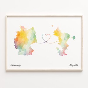 Germany to Mayotte Print, Watercolor Map Poster, Mauritian Gift, Travel Wall Art, Borderless Love Map, C23-516